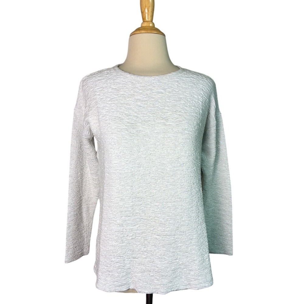 EILEEN FISHER XXS Eggshell 3/4 Sleeve Textured‎ Crew Neck Top Elevated Basic